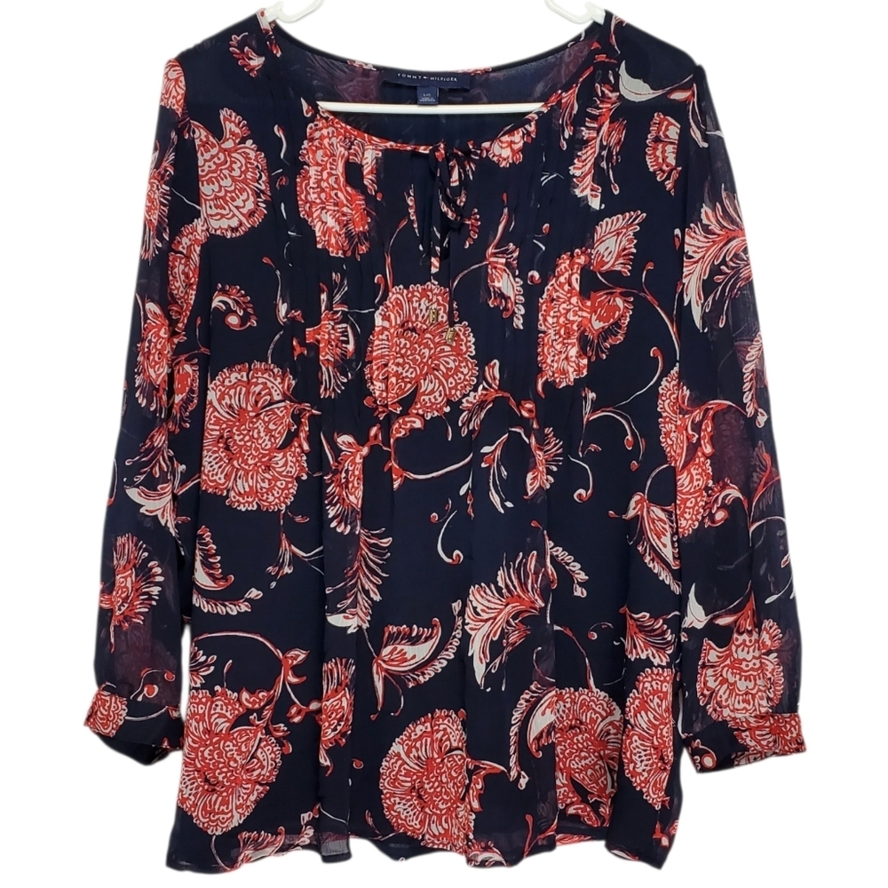 2486 * Tommy Hilfiger Floral Print Pintucked Blouse Navy Blue Red Size L